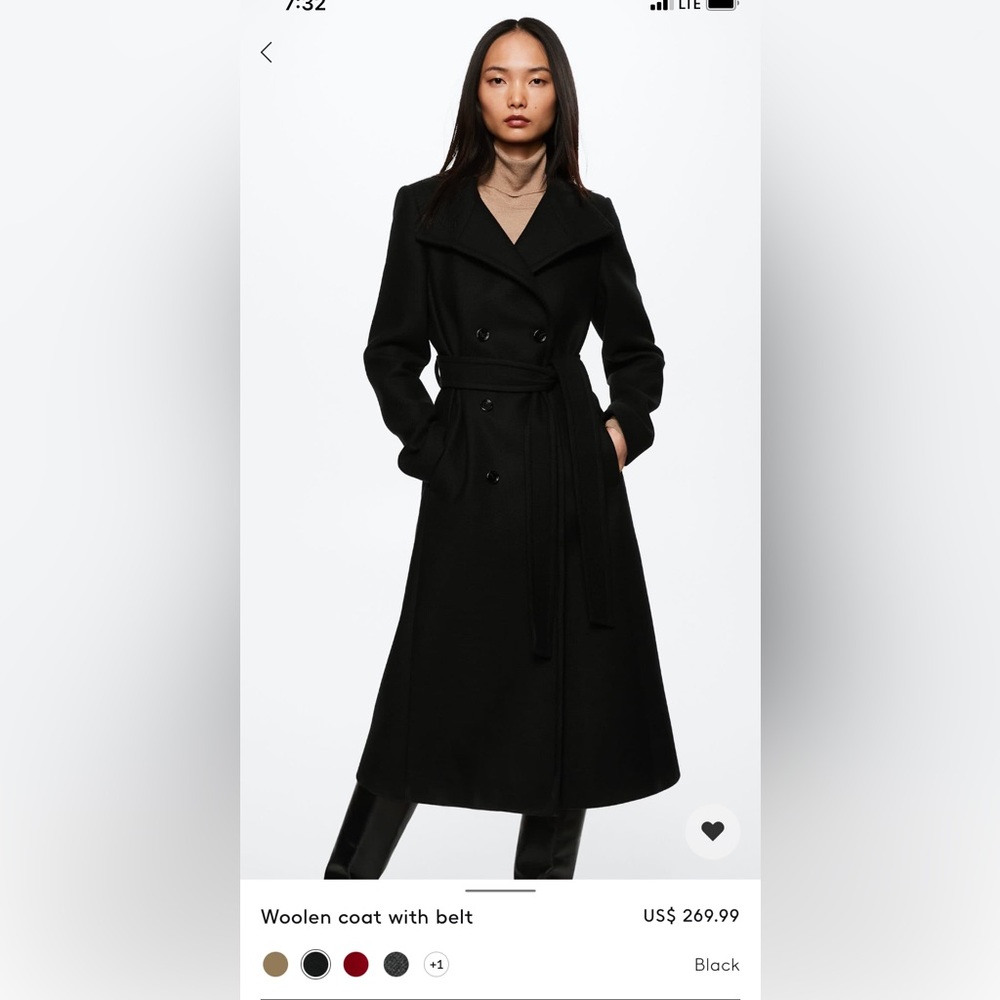 Mango black woolen coat with belt size small, only worn few times